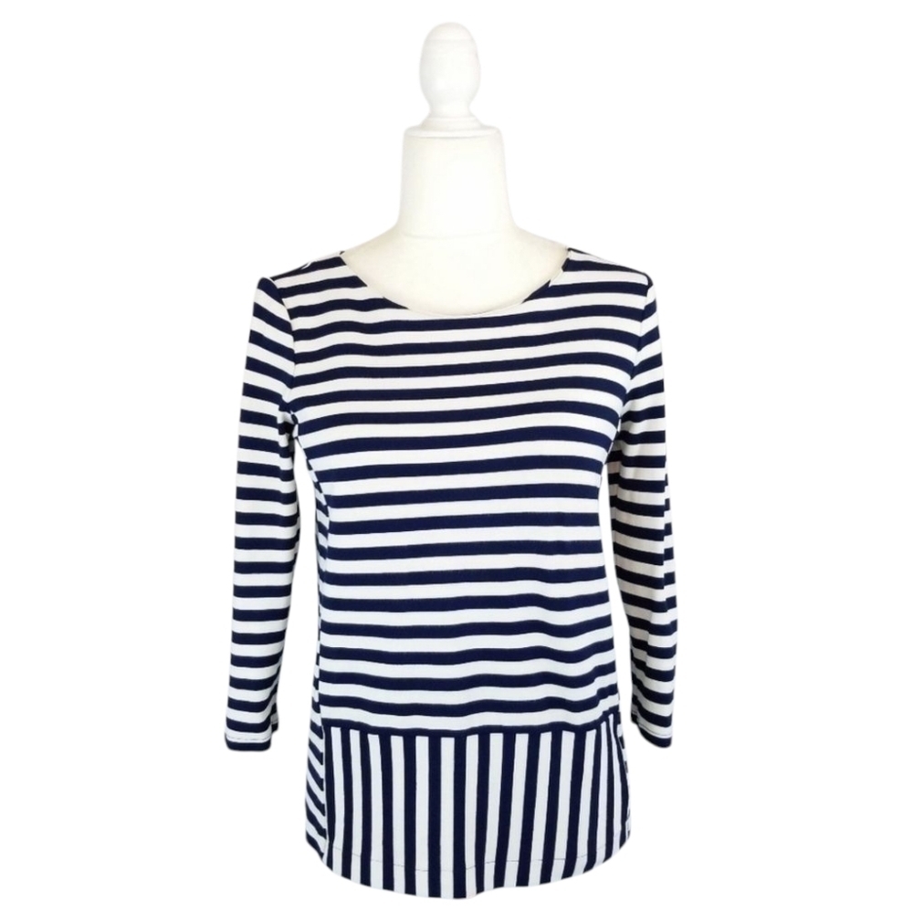 Madewell Stripeturn blue and cream 3/4 sleeve top ponte knit women's size S